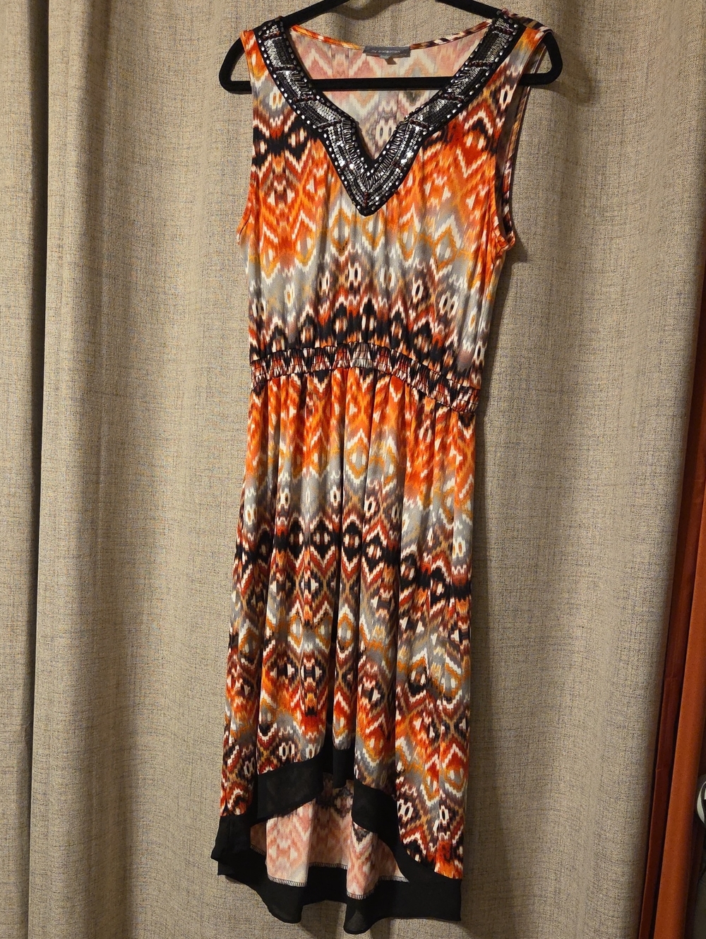NY Collection Orange and Black Ikat Print Sleeveless V-Neck Dress